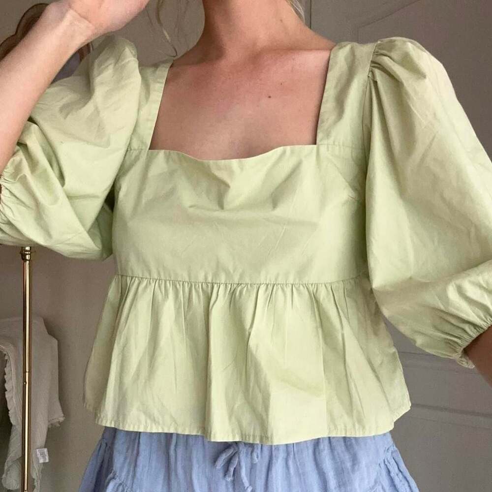 Abercrombie & Fitch Light Green Square Neck Puff Sleeve Babydoll Blouse